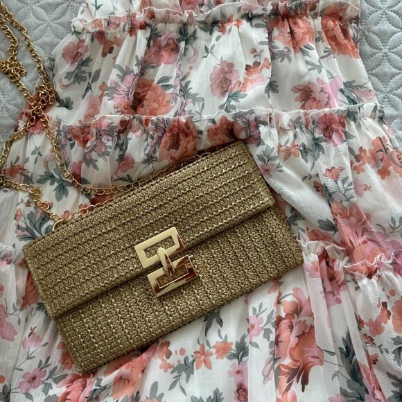 Neiman Marcus Woven Khaki Straw Clutch Crossbody Bag - Picture 3 of 5